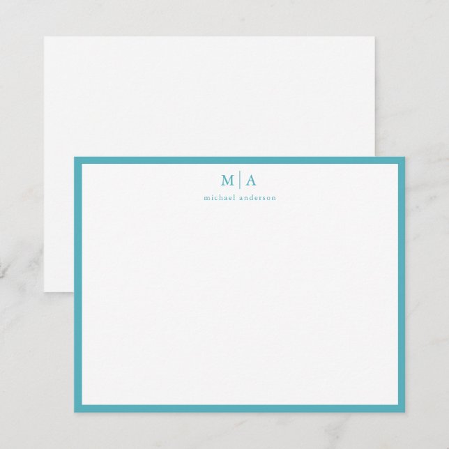 Sapphire Blue Border Monogram Correspondence Card (Front/Back)