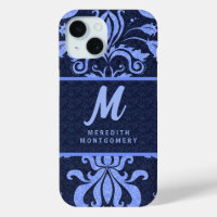 Sapphire Blue Damask Swirls with Monogram