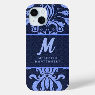 Sapphire Blue Damask Swirls with Monogram iPhone 15 Case