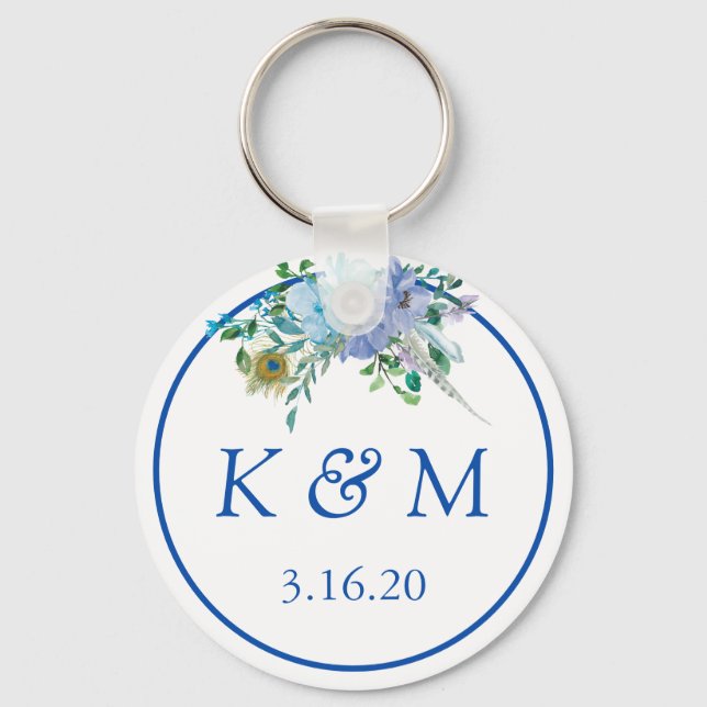 Sapphire Blue Floral Monogram Wedding Favour Keychain (Front)