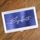 Sapphire Blue Foil Modern Brush Script First Name Business Card Holder<br><div class="desc">A first name business card case holder for her. The script is a lovely, brush stroke modern handwritten script that is a perfect gift for her. The decorative brush stroke style may require you to re-centre your given name. You may also customize the font colour and calligraphy style. The background...</div>