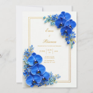 Sapphire Blue Gilded Orchid Botanical Wedding Invitation