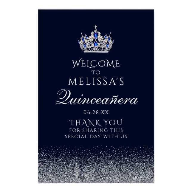 Sapphire Blue Glitter Quinceanera Welcome Sign (Front)