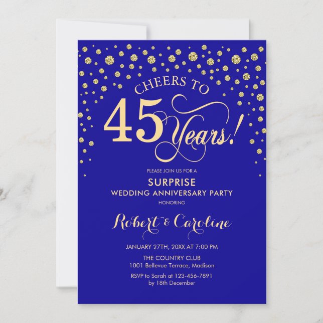 Sapphire Blue Gold Surprise 45th Anniversary Party Invitation (Front)