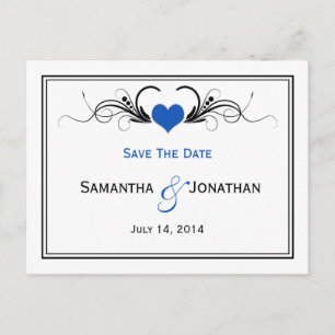 Sapphire Blue Heart Black Swirls Save The Date Announcement Postcard