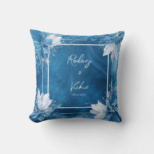 Sapphire Blue Marbled Liquid White Floral Square Throw Pillow