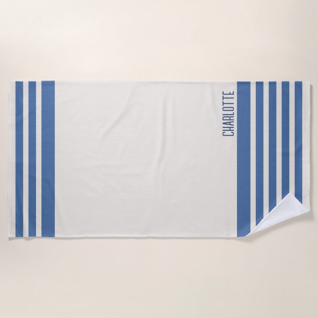 Sapphire Blue Minimalist Stripe Custom Name Beach Towel (Front)