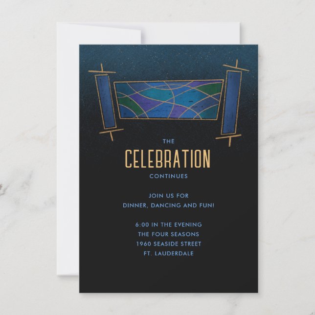 Sapphire Blue Mosaic Torah Scroll Party Enclosure Invitation (Front)