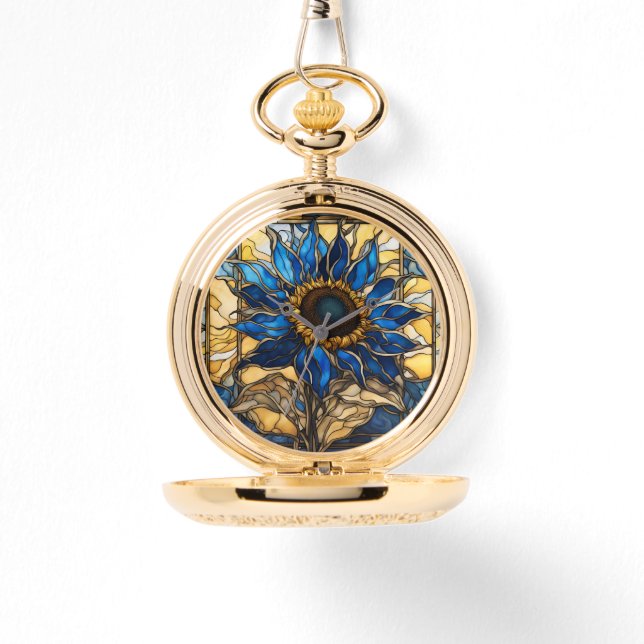 Sapphire Blue N Gold Stained Glass Sunflower  Watch (Front)