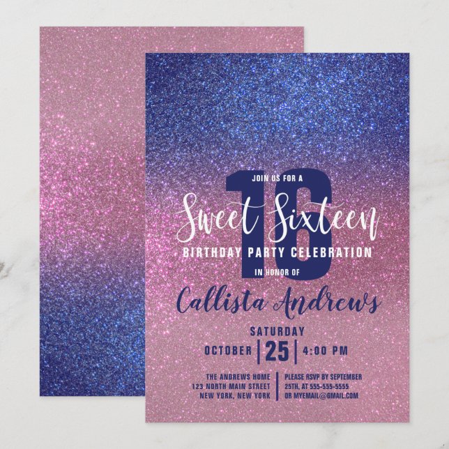 Sapphire Blue Pink Triple Glitter Ombre Sweet 16 Invitation (Front/Back)