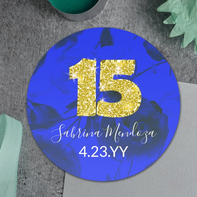 Sapphire Blue Quinceanera Gold #15 Round Sticker (Royal blue and gold quinceanera number 15 fifteen 15th stickers for party favors envelopes)
