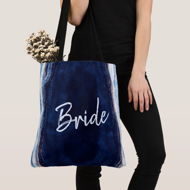 Sapphire Blue Rose Gold Geode Agate Marble Bride Tote Bag (Close Up)