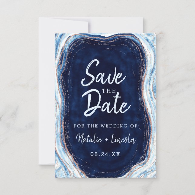 Sapphire Blue Rose Gold Geode Agate Marble Modern Save The Date (Front)