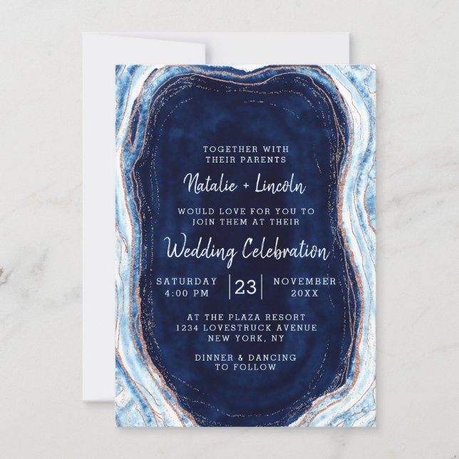 Sapphire Blue Rose Gold Geode Agate Marble Wedding Invitation (Front)