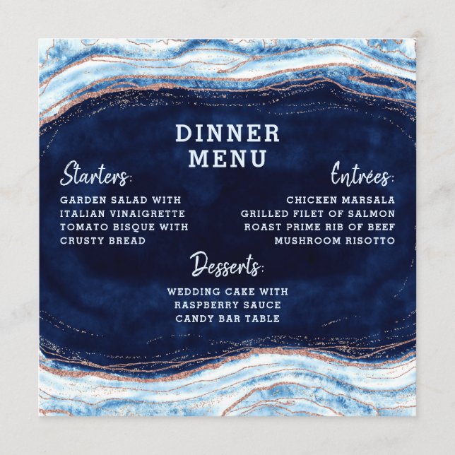 Sapphire Blue Rose Gold Geode Agate Square Dinner Menu (Front)