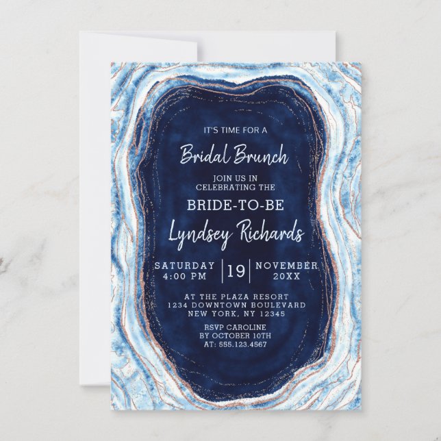 Sapphire Blue Rose Gold Geode Bridal Brunch Shower Invitation (Front)