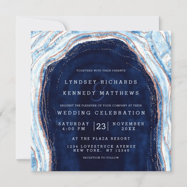 Sapphire Blue Rose Gold Geode Slice Wedding Square Invitation (Front)