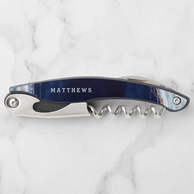 Sapphire Blue Rose Gold Geode Wedding Monogram Corkscrew (Front)