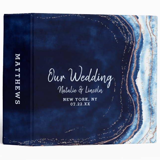 Sapphire Blue Rose Gold Geode Wedding Photo Album Binder (Front/Spine)