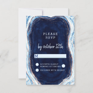 Sapphire Blue Rose Gold Geode Wedding RSVP Reply Card