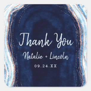 Sapphire Blue Rose Gold Geode Wedding Thank You Square Sticker