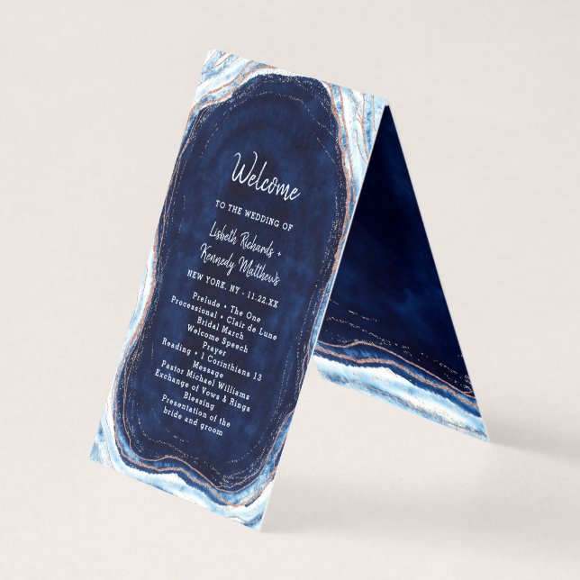 Sapphire Blue Rose Gold Mariage programme de cérém (Front)