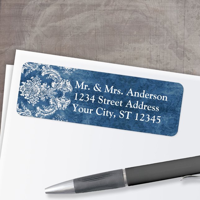 Sapphire Blue Rustic Damask Pattern Wedding (Custom Return Address Label)