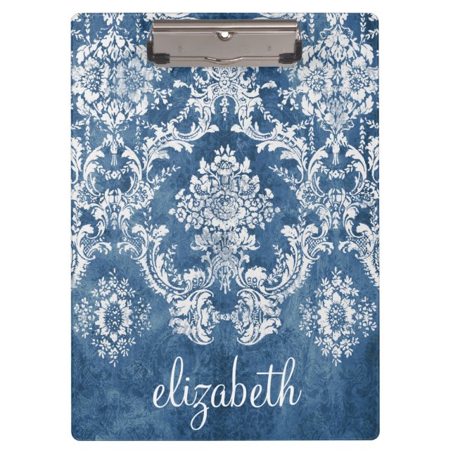 Sapphire Blue Vintage Damask Pattern and Name Clipboard (Front)
