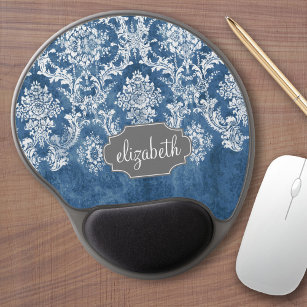 Sapphire Blue Vintage Damask Pattern and Name Gel Mouse Pad