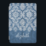 Sapphire Blue Vintage Damask Pattern and Name iPad Mini Cover<br><div class="desc">A vintage pattern with a chalkboard and lace design. Look closely to the flowers and leaves.A trendy design with jewel tone colours and elegance. Items are easier to customize when you replace all text and photos first. If your art still needs to be adjusted, click on the Customize This button....</div>