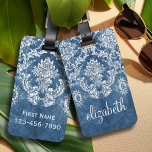 Sapphire Blue Vintage Damask Pattern and Name Luggage Tag<br><div class="desc">A vintage pattern with a chalkboard and lace design. Look closely to the flowers and leaves.A trendy design with jewel tone colours and elegance. Items are easier to customize when you replace all text and photos first. If your art still needs to be adjusted, click on the Customize This button....</div>