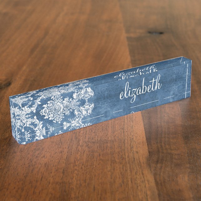 Sapphire Blue Vintage Damask Pattern and Name Nameplate (Side)