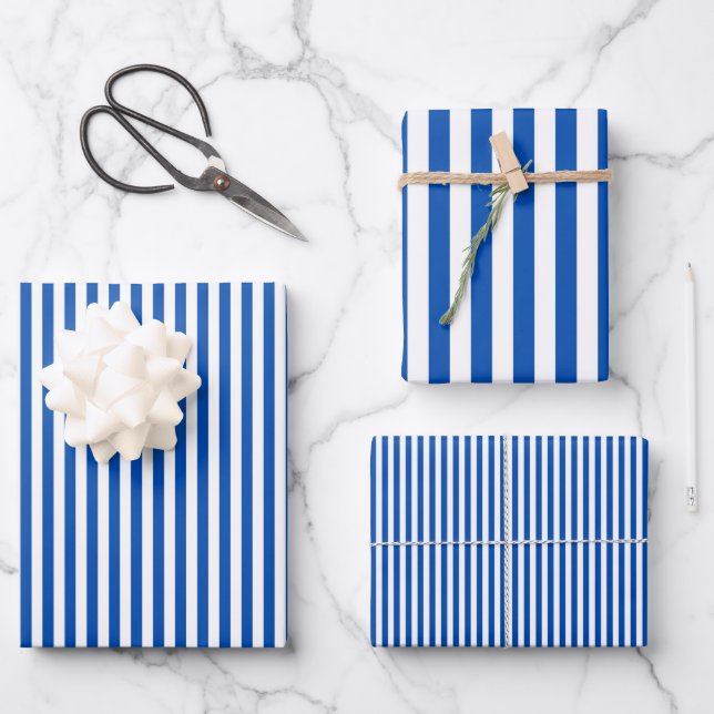 Sapphire Blue & White Stripes Wrapping Paper Sheet (Front)