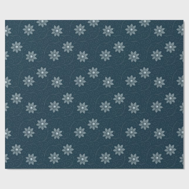 Sapphire Blue with Silvery Florals Wrapping Paper (Flat)