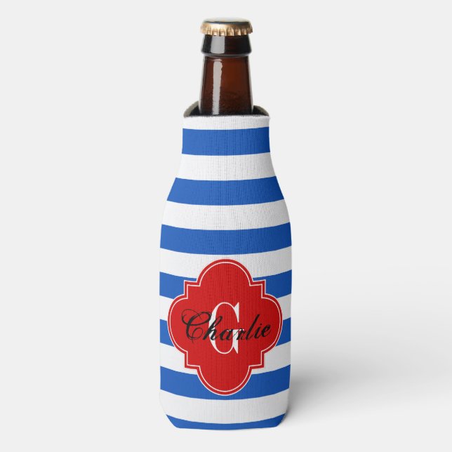 Sapphire Blue Wt Horz Stripe Red NameInit Monogram Bottle Cooler (Bottle Front)