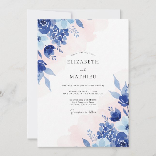 Sapphire Blush Cornflower Eucalyptus Wedding Invitation (Front)