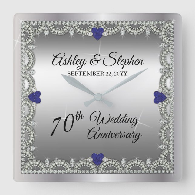 Sapphire | Diamonds 70th Wedding Anniversary Square Wall Clock (Front)