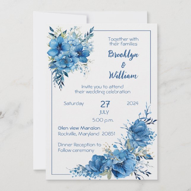 Sapphire Elegance Blue Floral Wedding Invitation  (Front)
