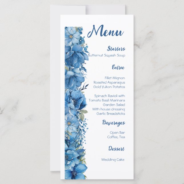 Sapphire Elegance Menu Mariage bleu et blanc (Devant)