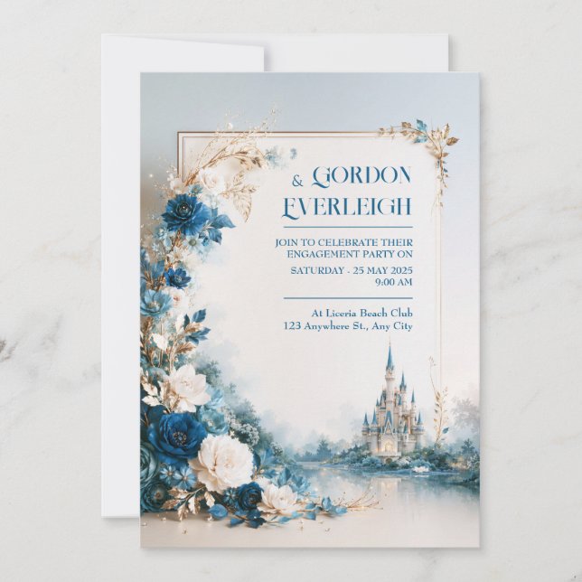 Sapphire Floral Castle Wedding Invitation (Front)