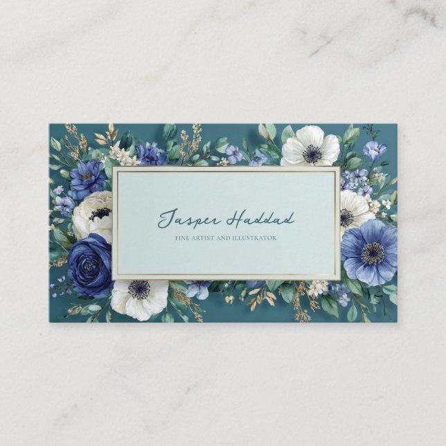 Sapphire Garden Blue and Gold Botanical Business Card (Front)