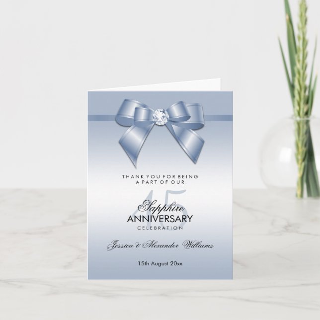 Sapphire Gem Bow & Ribbon 45th Wedding Anniversary Thank You Card (Front)