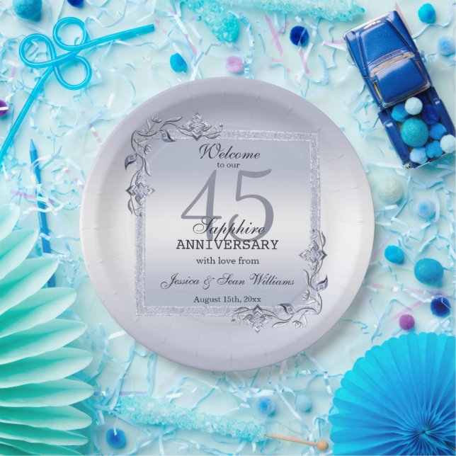 Sapphire Gem & Glitter 45th Wedding Anniversary   Paper Plate (Party)