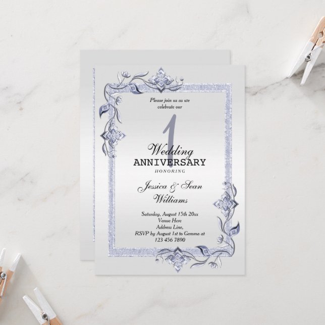 Sapphire Gem & Glitter & Platinum 1st Wedding  Invitation (Front/Back In Situ)