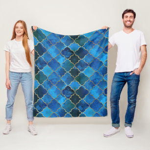 Sapphire Gemstone & Gold Moroccan Tile Pattern Fleece Blanket
