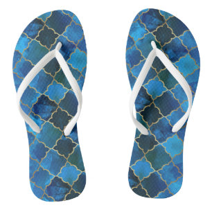 Sapphire Gemstone & Gold Moroccan Tile Pattern Flip Flops