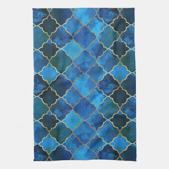 Sapphire Gemstone & Gold Moroccan Tile Pattern Kitchen Towel (Vertical)