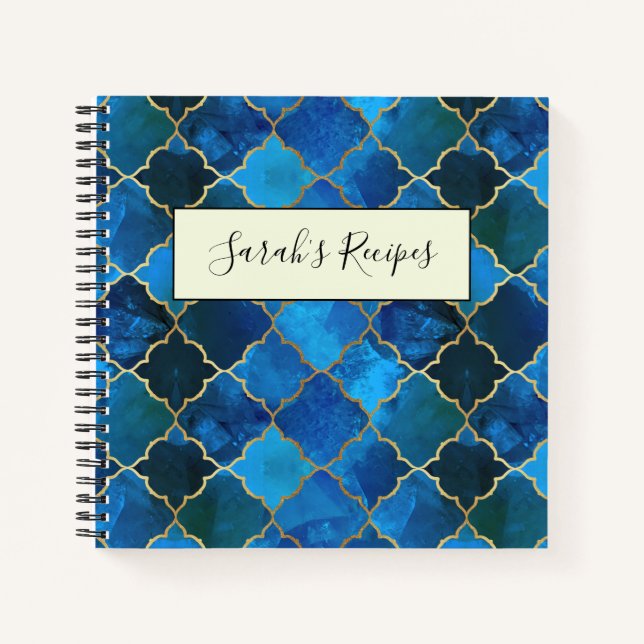Sapphire Gemstone & Gold Moroccan Tile Pattern Notebook (Front)
