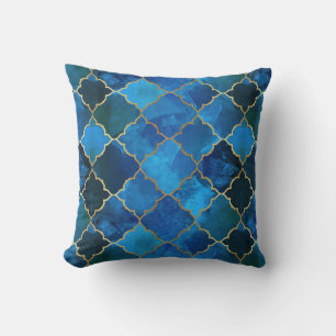 Sapphire Gemstone & Gold Moroccan Tile Pattern Throw Pillow