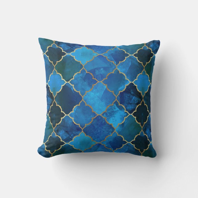 Sapphire Gemstone & Gold Moroccan Tile Pattern Throw Pillow (Front)